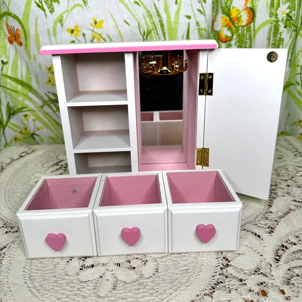 Vintage Wooden Jewelry Box Armoire White Pink Heart Knobs Teddy Bear Carousel
